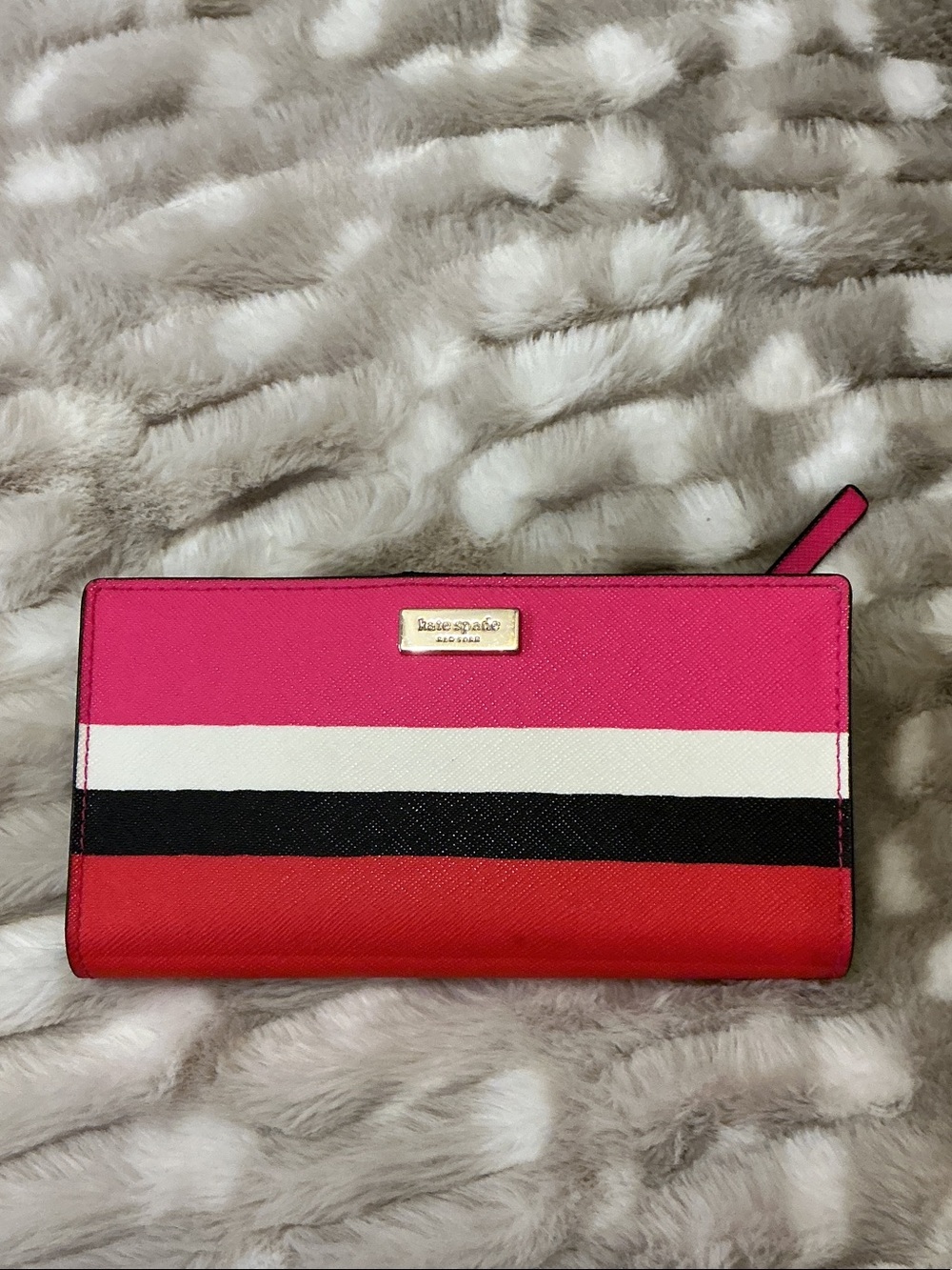 kate spade Pink, White, Black & Red Striped Zip Wallet